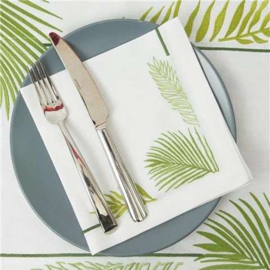 Table Accessories * | Serenk Green Large Palms White Linen Napkin 40X40Cm