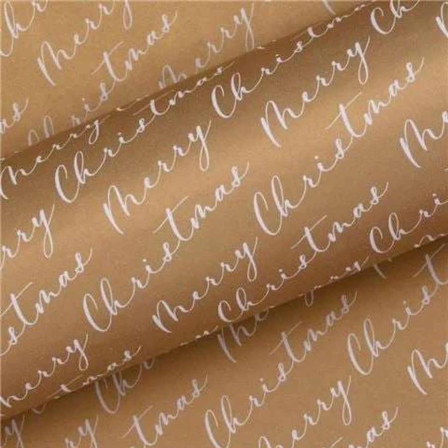 Gift Wrapping & Cards * | Vandoros Wrapping Paper Merry Christmas Script Gold/White 76Cm X 2.5M