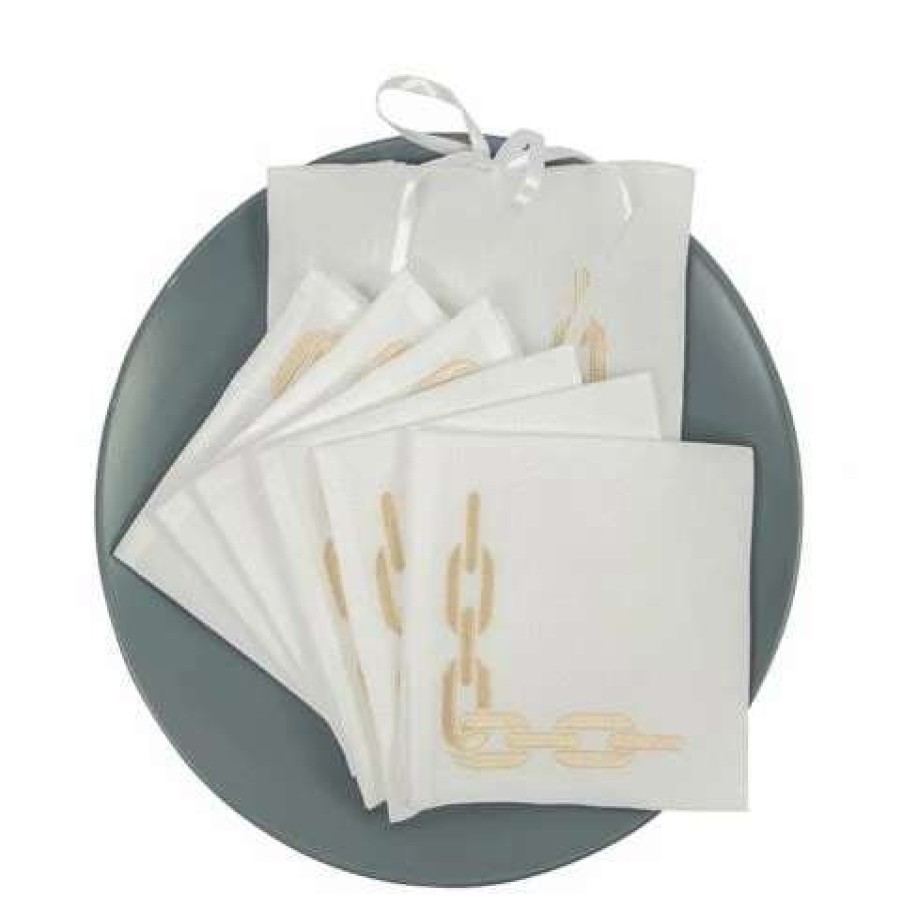 Table Accessories * | Serenk Gold Chain White Linen Cocktail Napkin 25X25Cm 6Pc