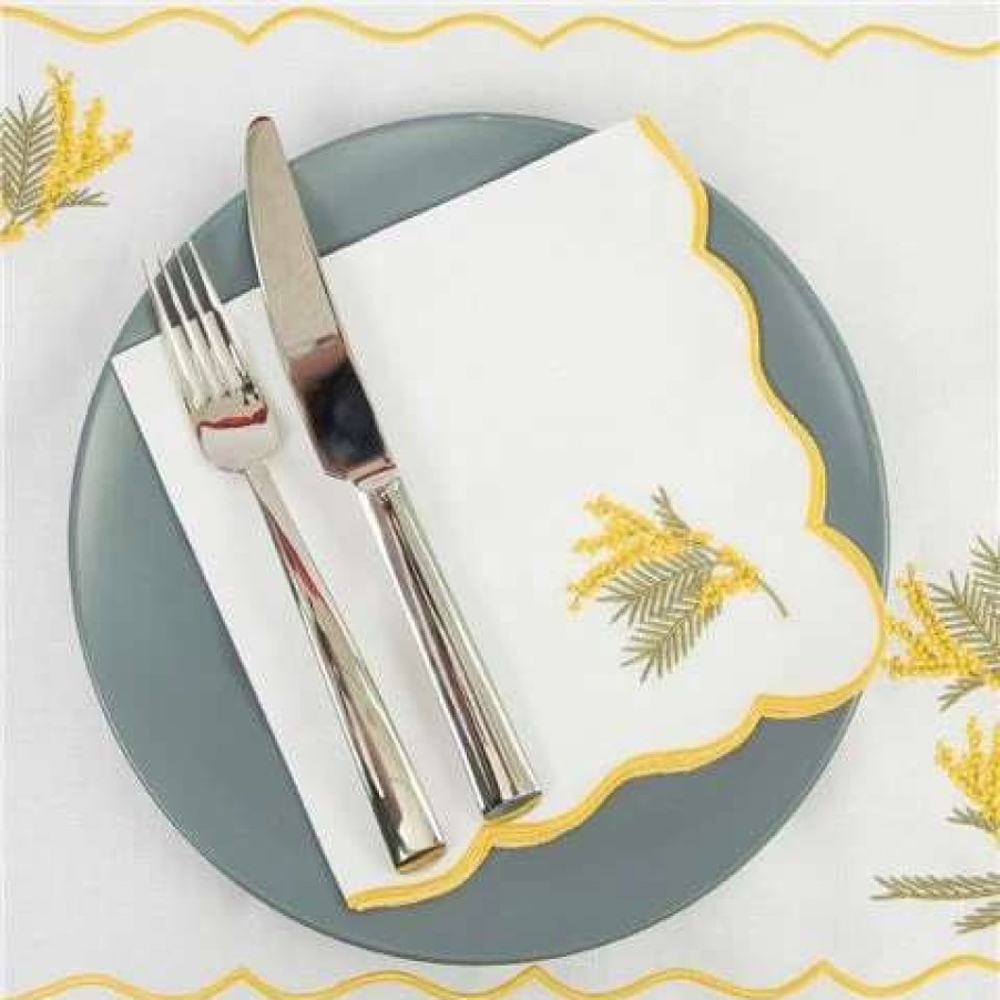 Table Accessories * | Serenk Wave Picot Mimosa White Linen Napkin 39X39Cm