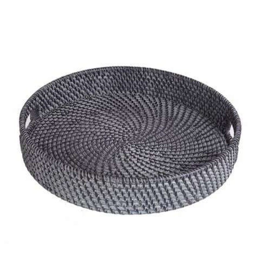 Table Accessories * | Rattan Tray Round Medium Blackwash